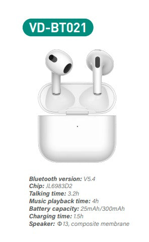 Tws HD Sound Wireless Bluetooth Earbuds With Charging Case (VD-BT021)