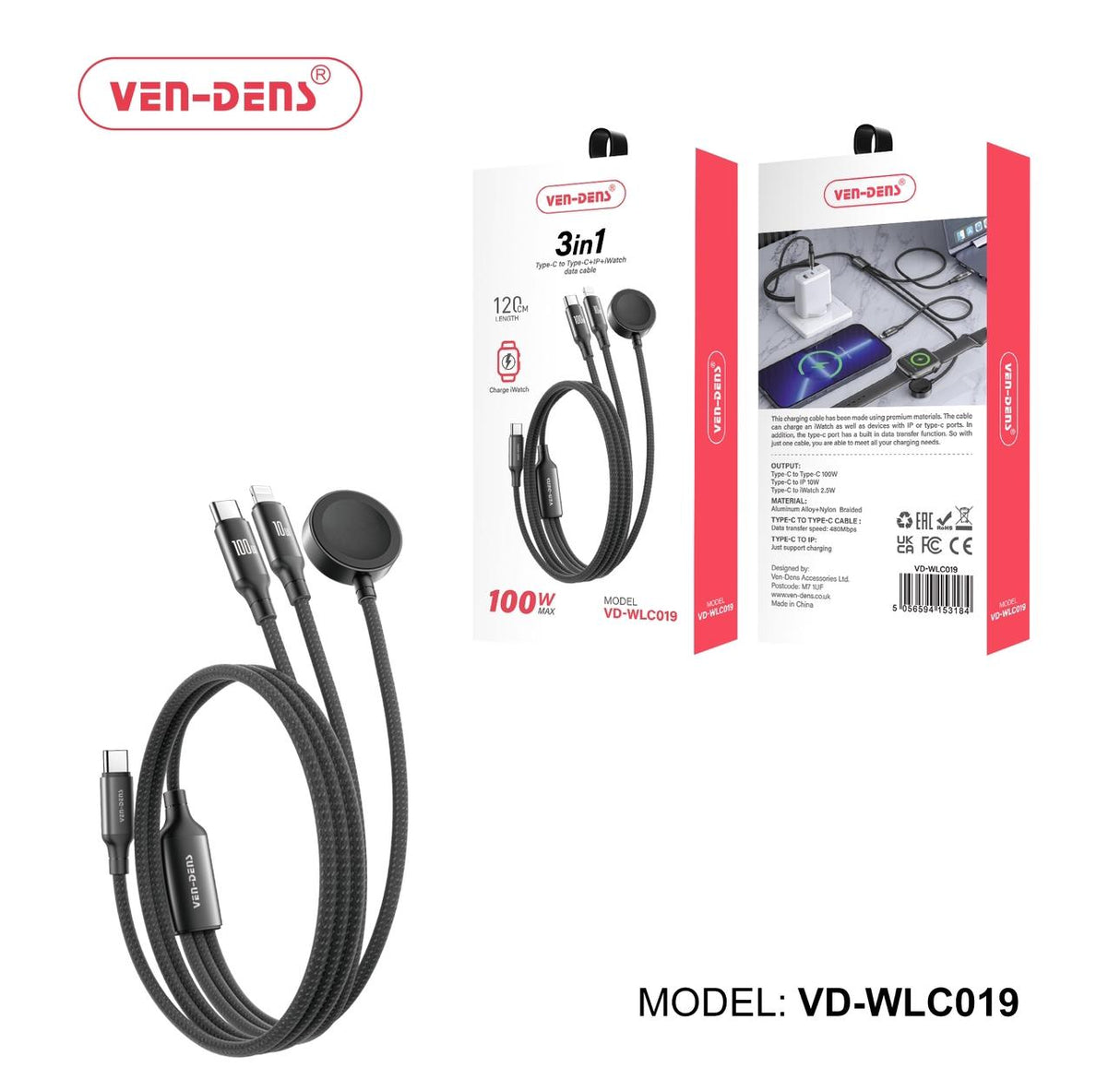 3in1 Type-c To Type-c, iWatch & iPhone Data cable (100w Max)
