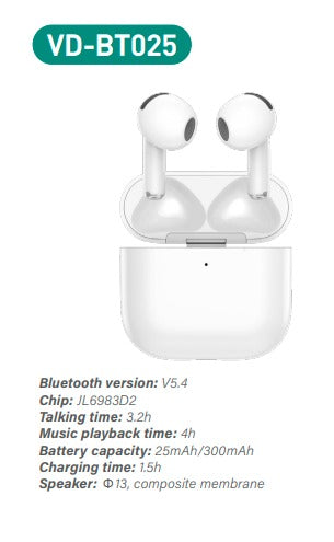 Tws HD Sound Wireless Bluetooth Earbuds With Charging Case(VD-BT025)
