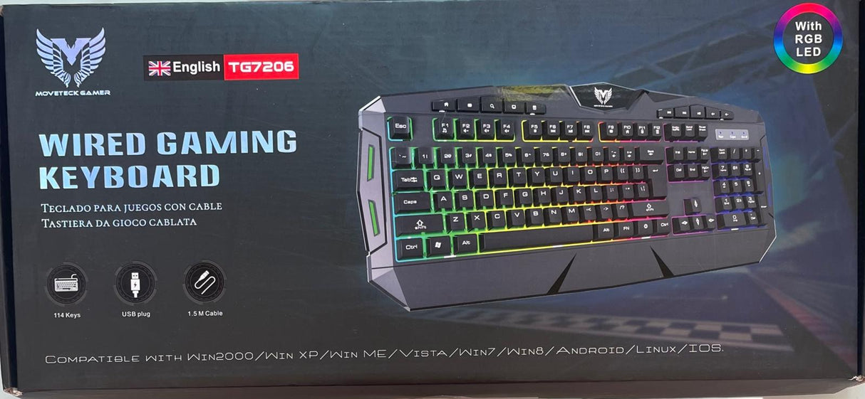 TG7206 Wired 104 Keys Gaming Keyboard, RGB Light, Win2000/Win XP/Win ME/Vista/Win 7/8/Android/Linux /iOS, 1.5M, English, Black