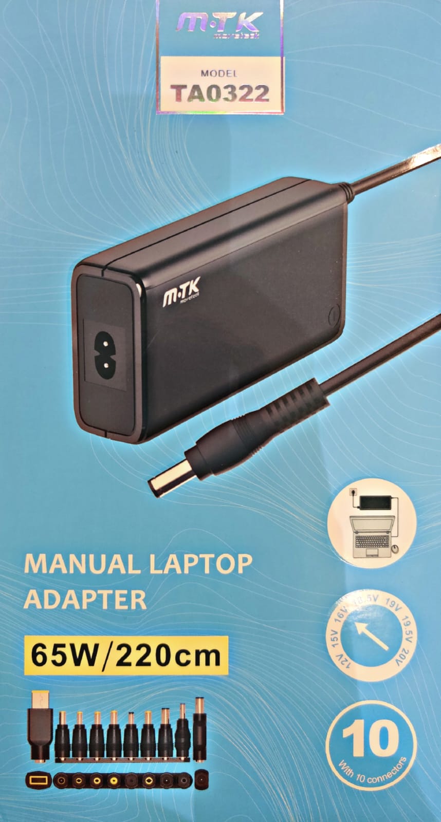 TA0322 65W Manual Universal Laptop Charging Adapter, 10pcs "T" series tips, 1.2M input : 100-240v , 60Hz/50Hz 1.5A, output: 12V-20V, 3.25A Max, Black