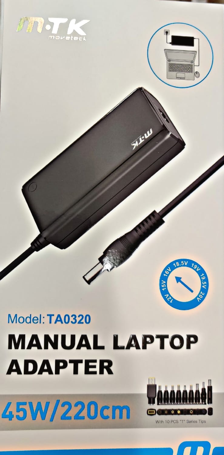 TA0320 45W Manual Universal Laptop Charging Adapter, 10pcs 'T' series tips, 1.2M, 12-20V, 2.25A, Black