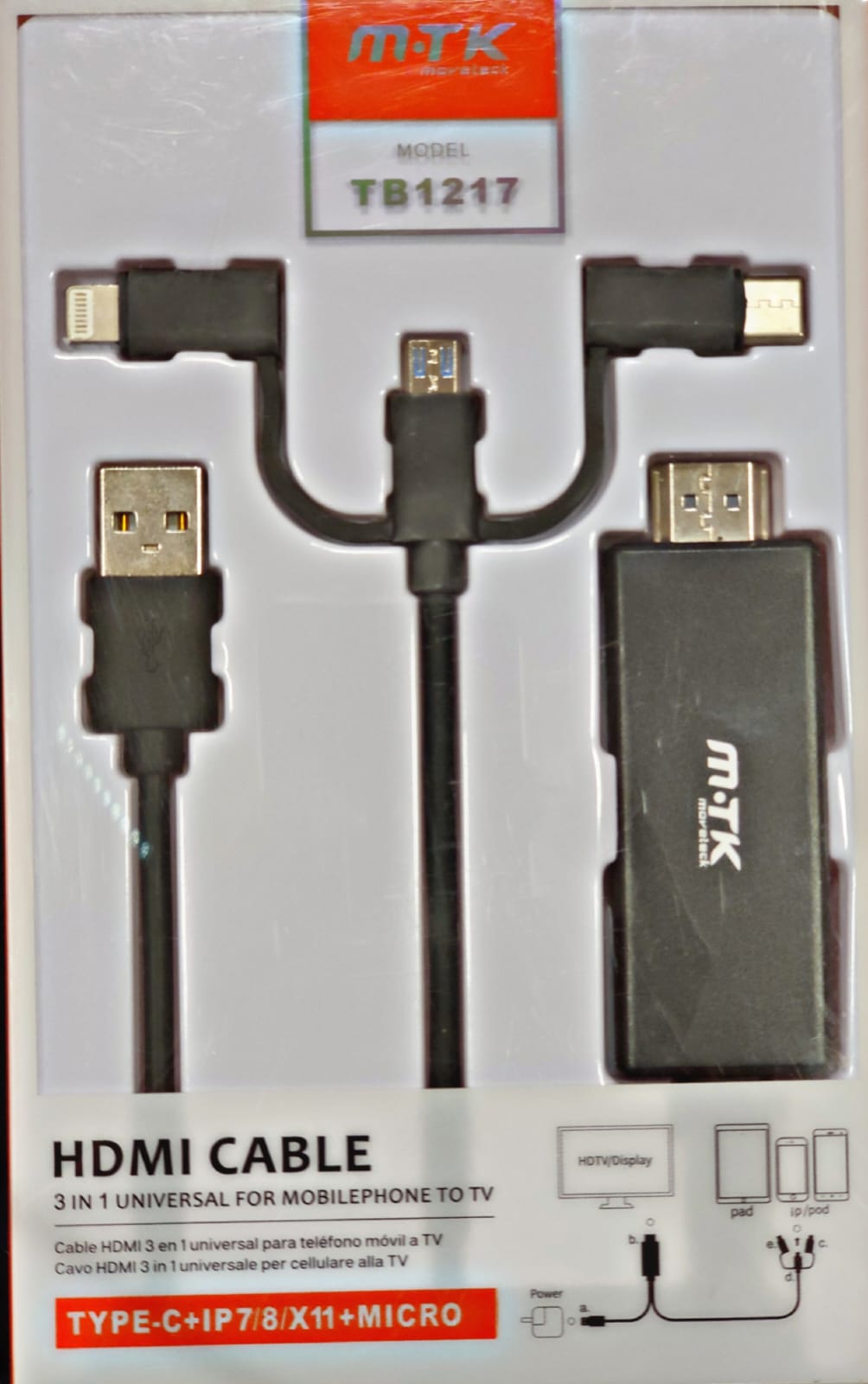 TB1217 Mobile & Tablet to HDMI Cable for TV, with 3 in 1 connector (Micro USB + IP 5-X + Type C), 1080P, Black