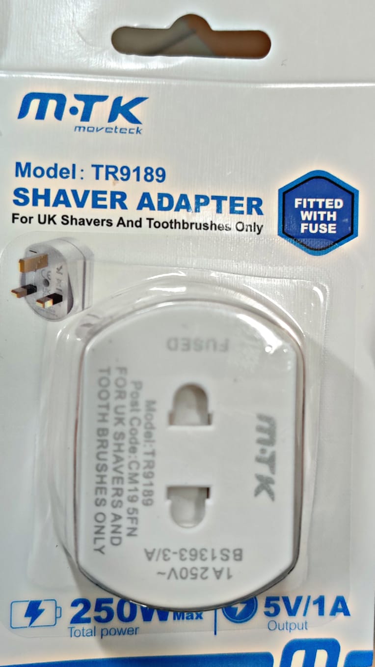 TR9189 UK Toothbrush & Shaving Adaptor Plug, 2 Pin to 3 Pin Electric Converter, 1A, White (Blister)