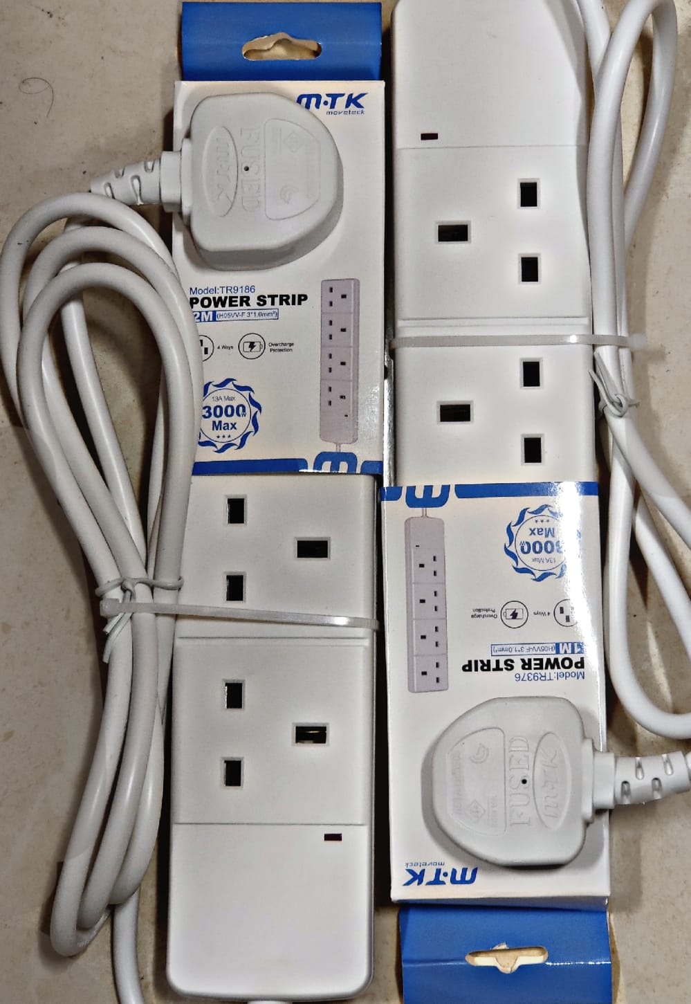 TR9186 UK 4 Way Power Strip, 2M Total, 16A, Copper Wire, White