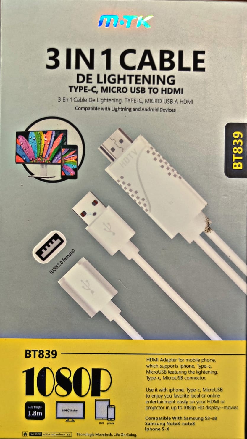 BT839 3 IN 1 IPHONE / MICRO USB / TYPE C TO HDMI CABLE (MOBILE AND TABLETS TO TV) 1080P, WHITE